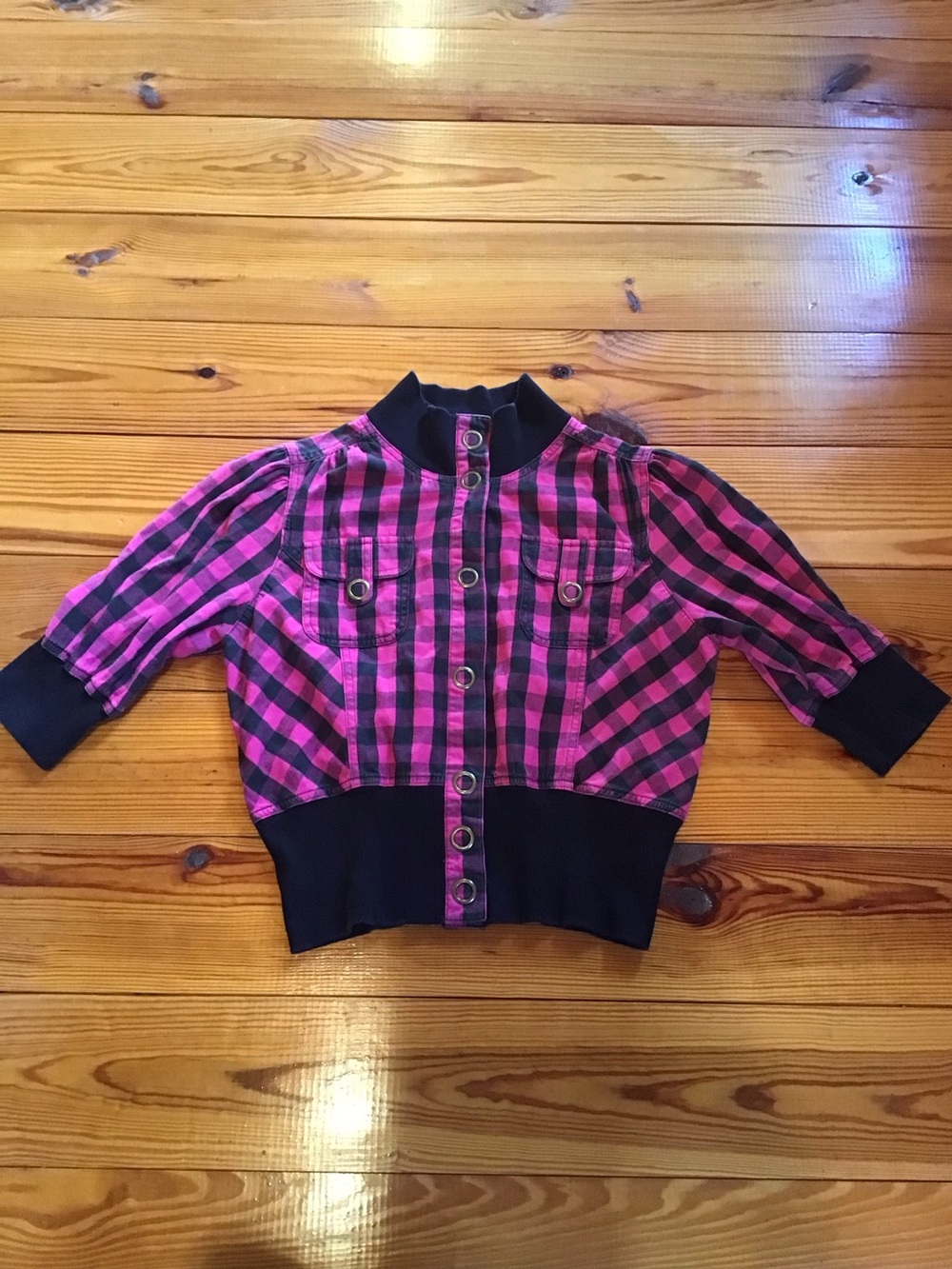 Piper & Blue 3/4 Sleeve Pink Black Plaid Button Up Fall Shirt Whimsygoth Punk
